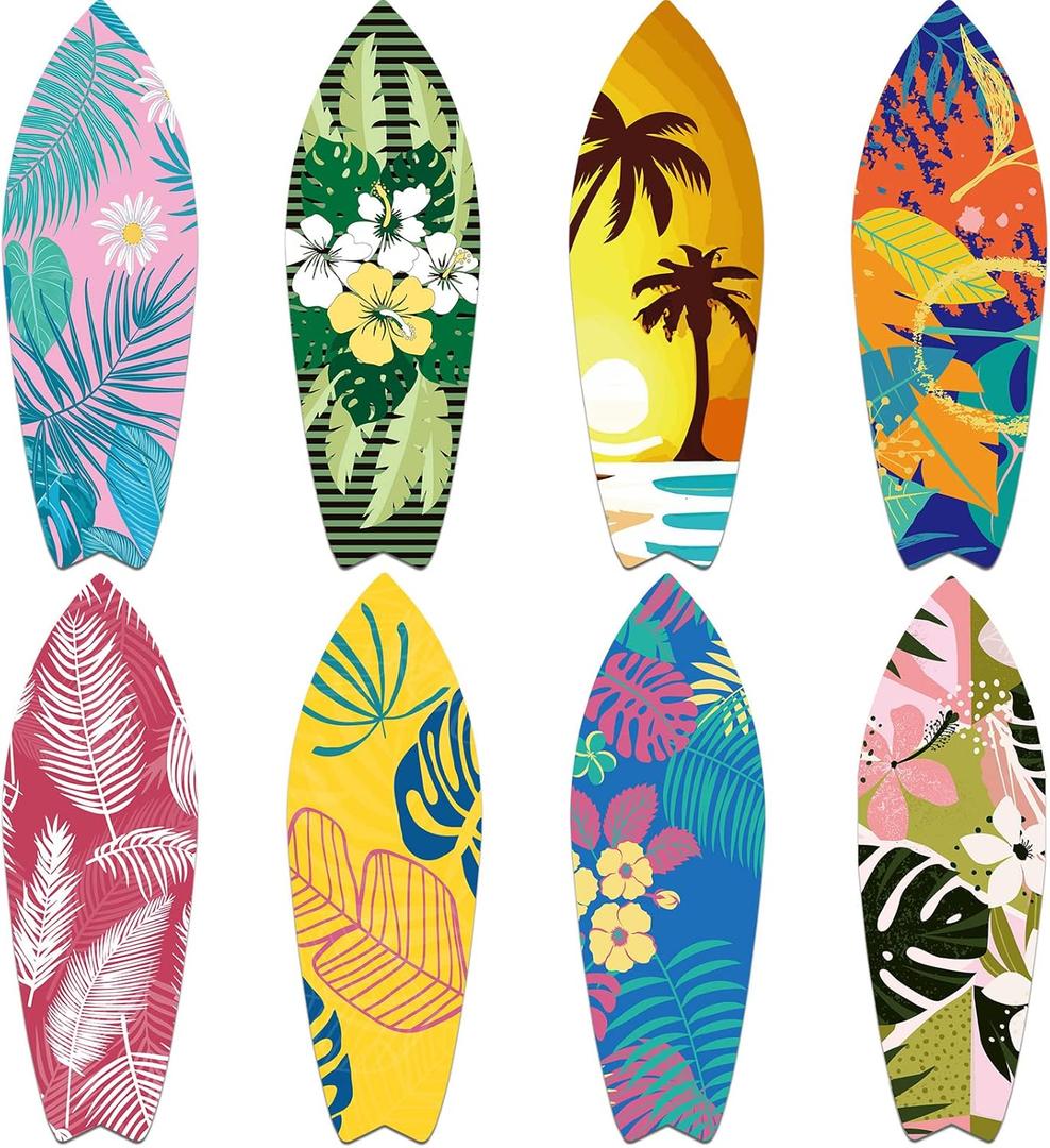 8 Pcs 9 1/2" x 28" Surfboards Cut Out Cardboard Tropical Beach Decorations Surf Board Wall Decoration Hawaiian Party Wall Decor Graphics Surfboard Sign for Summer Pool Surf Party