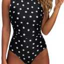 SUUKSESS Women One Piece Ruched Swimsuit Tummy Control Backless Bathing Suit (Medium, Black White Polka Dots)