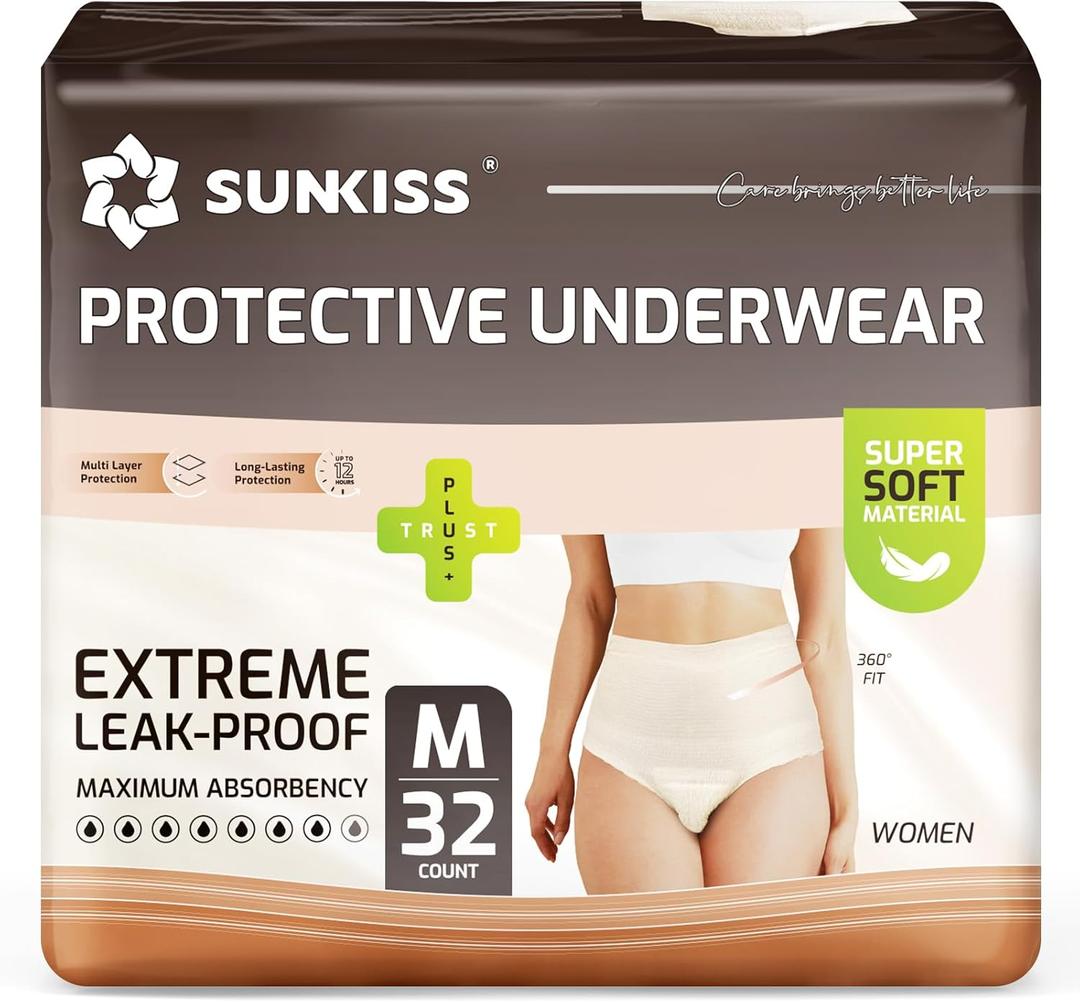SUNKISS Women Incontinence Underwear, Daytime Disposable Postpartum Adult Panties, Protective Pull Ups with Maximum Absorbency, Medium, Beige, 32 Count