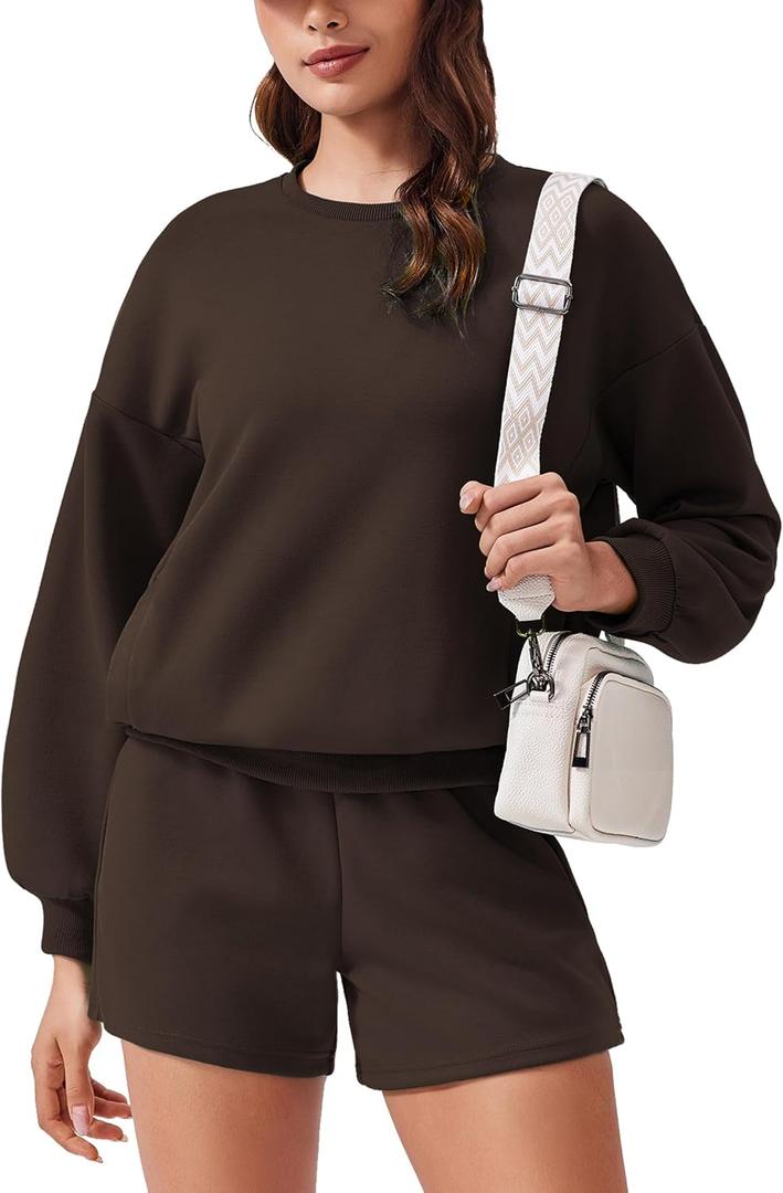 PINSPARK Two Piece Sets for Women 2024 Fall Outfits Sweatsuit 4 Pockets Sweat Short Sets Casual Matching Set Travel Tracksuit (Small, Coffee)