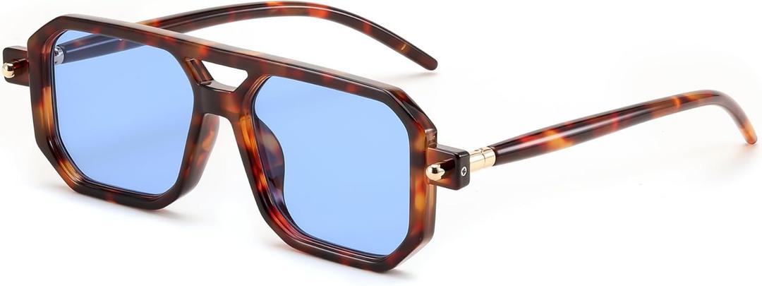 FEISEDY Vintage Square 70s Flat Aviator Sunglasses Women Men Classic Retro Stylish Frame UV400 Sunglasses B2622 (017 Leopard Frame & Blue Lens)