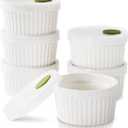 DOWAN Ramekins with lids 6 oz, Creme Brulee Ramiken Oven Safe, Ceramic Baking Bowls Souffle Dishes, Custard Cups Charcuterie Boards Bowls Dipping Sauces, Set of 6, White