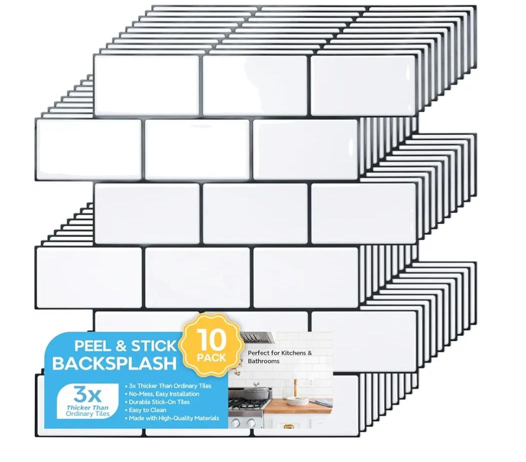 STICKGOO 10-Sheet Peel and Stick Backsplash, White Subway Tile Stick on Backsplash for Kitchen (Thicker Design)