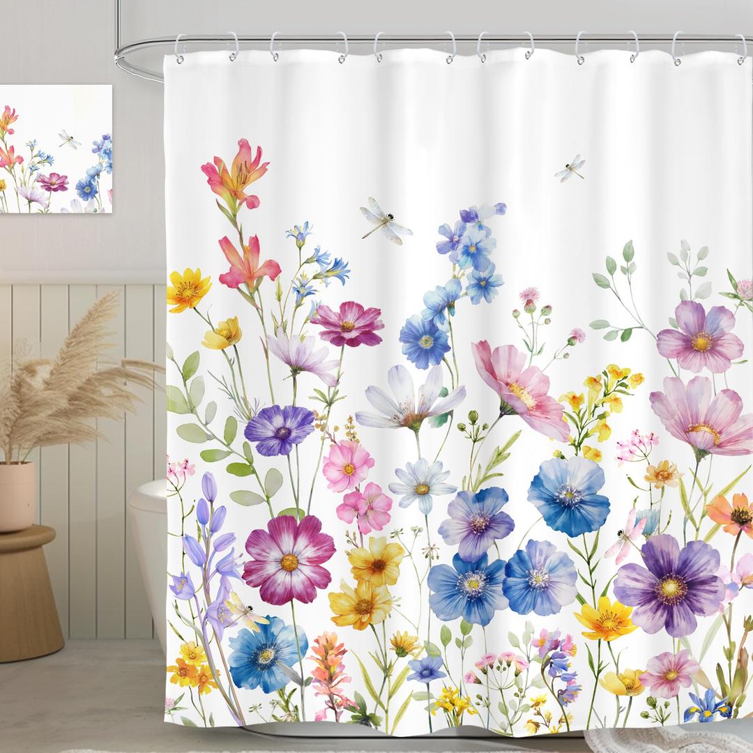 Colorful Flower Shower Curtain Blossom Watercolor Bathroom Curtain Set