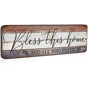 Farmhouse Family Wall Decor Rustic Wood Hanging Wall Art - Bless This Home And All Who Enter - Family Signs for Home Decor Inspirational Quotes for Hallway, Kitchen, Living Room 16"x5"