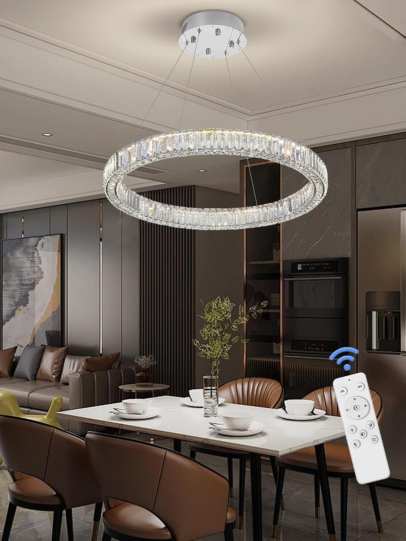 Flashing God W24 Crystal Chandelier LED Round Flush Mount Ceiling Light Fixture Modern Hanging Pendant Lighting Ring Chandeliers for Dining Room Kitchen Island Hallway