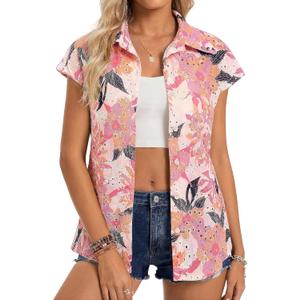 GRACE KARIN Floral Eyelet Spring Summer Tops for Women,2026 V Neck Dressy Casual Shirts,Boho Button Down Short Sleeve Blouses (XL)