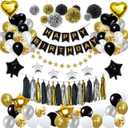 Black and Gold Birthday Party Decorations Kit for Men Boy, Cheers Beer Confetti Black Gold Balloon Happy Birthday Banner Fringe Curtains Swirl Circle Dots Tassels Pom Graduation (Black & Gold)