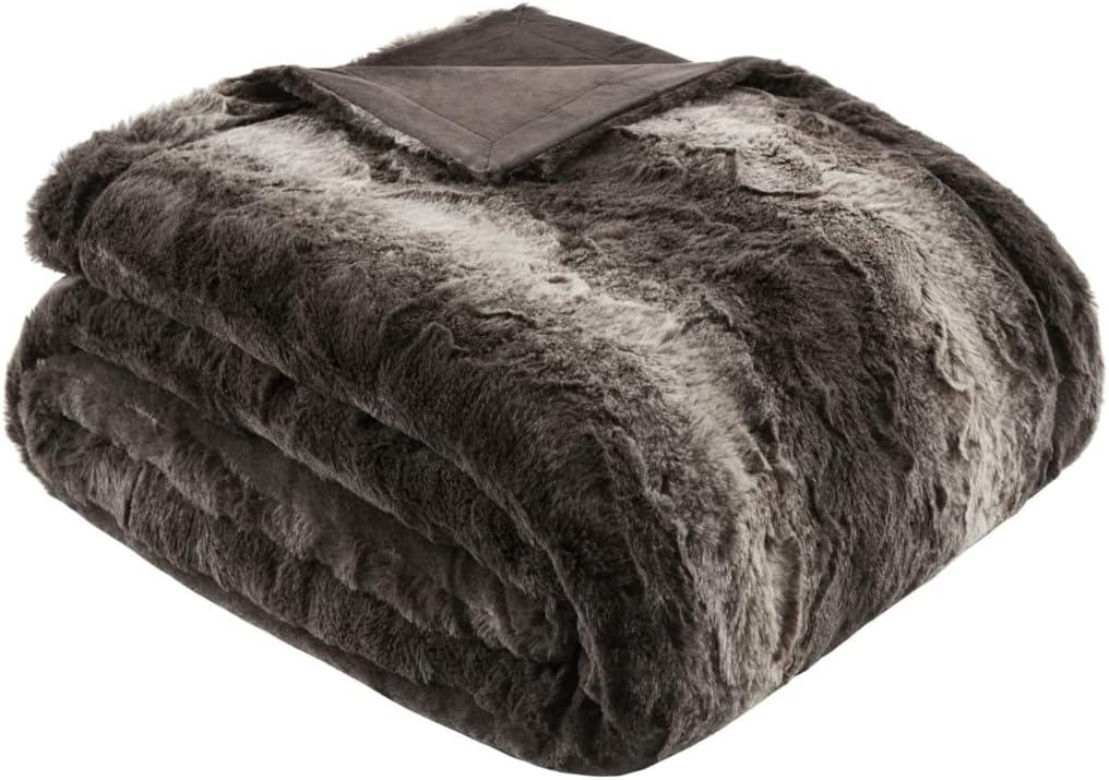 Madison Park Zuri Soft Plush Luxury Oversized Faux Fur Throw Animal Stripes Design, Faux Mink On The Reverse, Modern All Seasons Blanket for Bed, Sofa Couch, Office, Brown, 60x70"