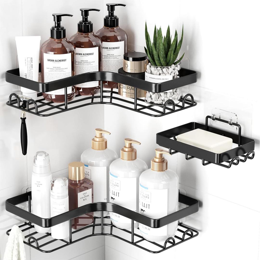 Corner Shower Caddy - 3-Pack Shower Organizer with Soap Holder & Built-In Hooks, Rustproof Metal Shower Shelves, Laundry, Kitchen, Bathroom Organizers and Storage Solution, Large, Black