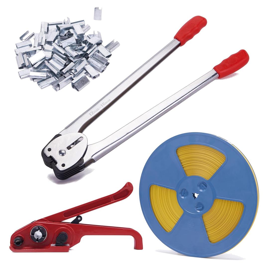 Banding Strapping Kit - Pallet Packaging Strapping Tool with Sealer Tools, 328' Length x 1/2" Wide, 100 Metal Seals Included - Durable Poly Strapping Kit 