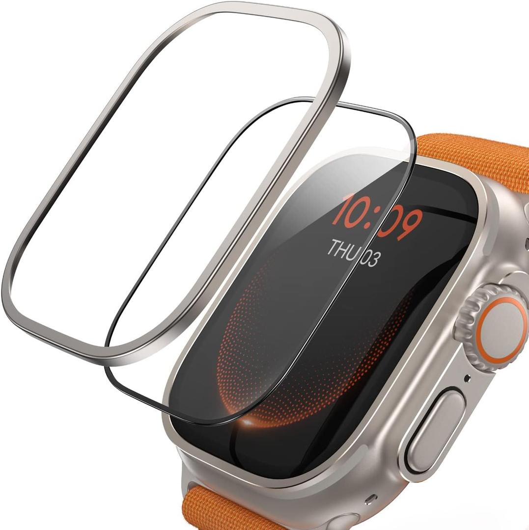 Lamicall Screen Protector for Apple Watch Ultra 49mm, Titanium Alloy Frame Bumper Case Cover, 2Pack Sensitive Touch Tempered Glass Protector for iWatch Ultra 3/2/1(2025/2024/2023/2022)