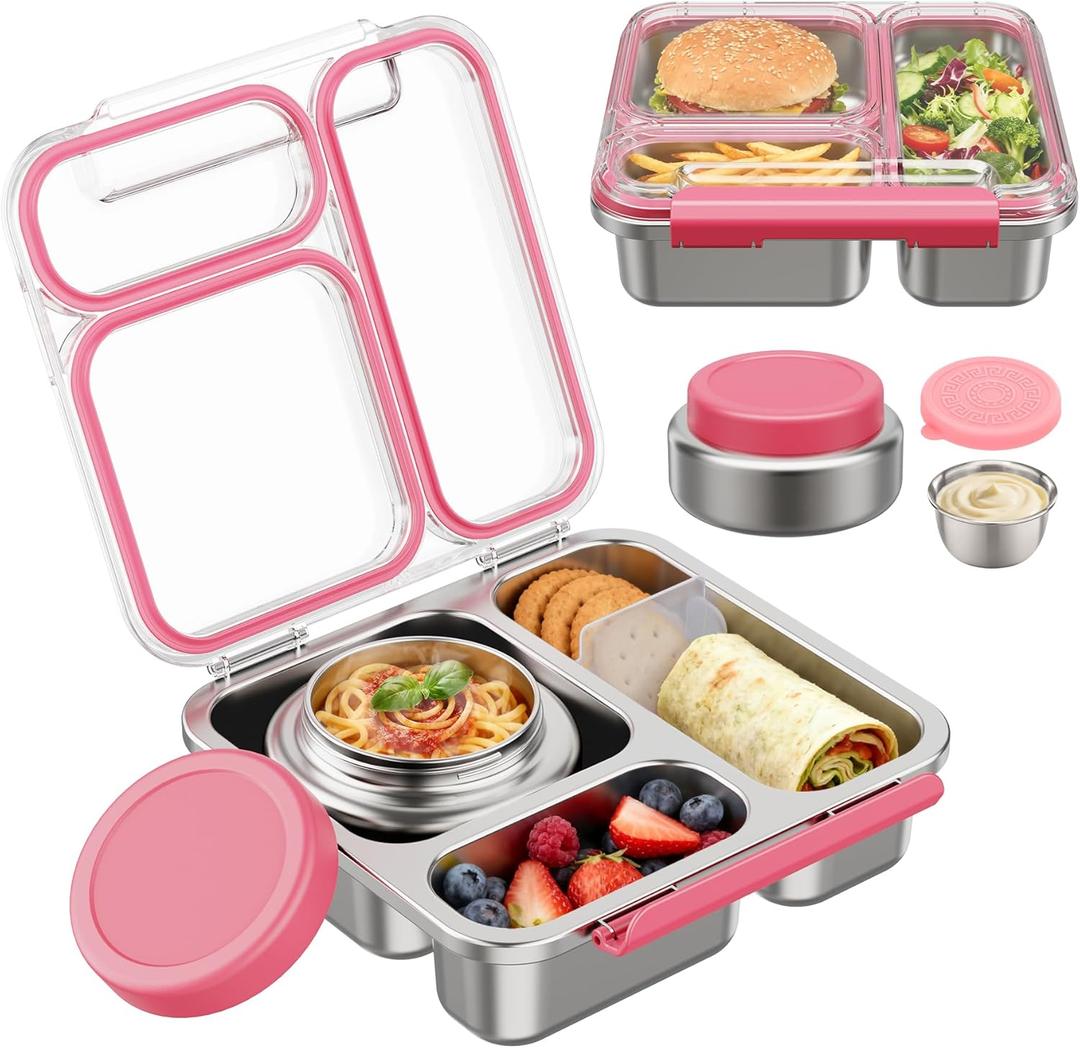 Pawtong Stainless Steel Bento Box Kids Adult with 7oz Insulated Food Jar, Transparent Lid Metal Lunch Box With Soup Thermal Jar, Lunch Box Container with Removable Divider & Sauce Cup School (Pink)