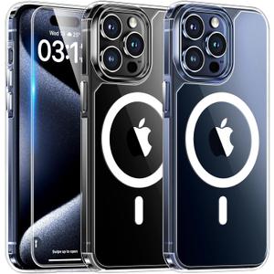 TAURI for iPhone 15 Pro Case, Compatible with MagSafe with Screen Protector, Anti-Yellowing Military-Grade Protection Shockproof Slim Magnetic Case for 15 Pro, Clear