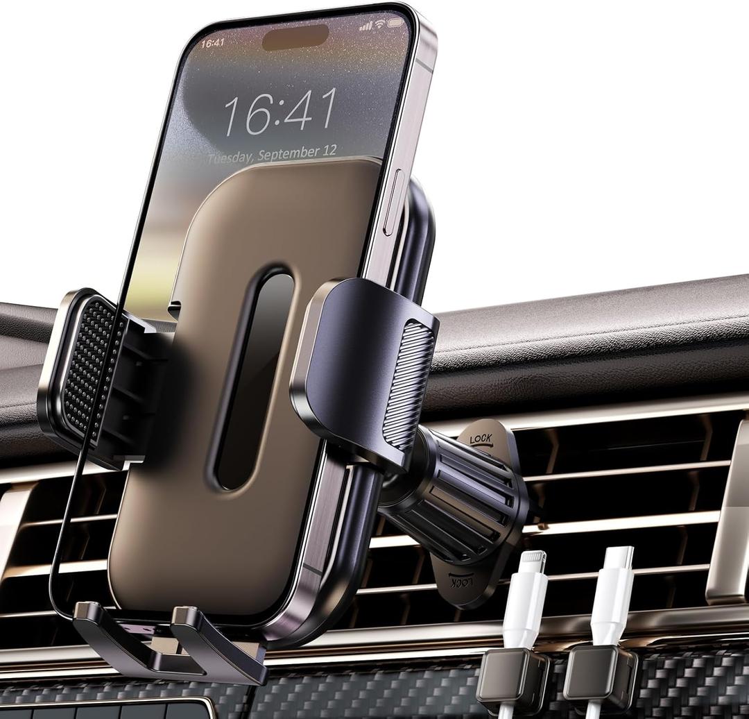 Upgraded Car Phone Holder, Metal Hook Clip Car Vent Phone Mount, Hands-Free Vent Phone Holders for your car, Compatible with iPhone series, Android and all smartphones, Equipped with cable manager