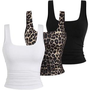 Women's Y2k Double Lined 3 Piece Crop Tank Top Sets Square Neck Sleeveless Ruched Tee Shirt Basic Tops Pack (Medium, Multicolor)