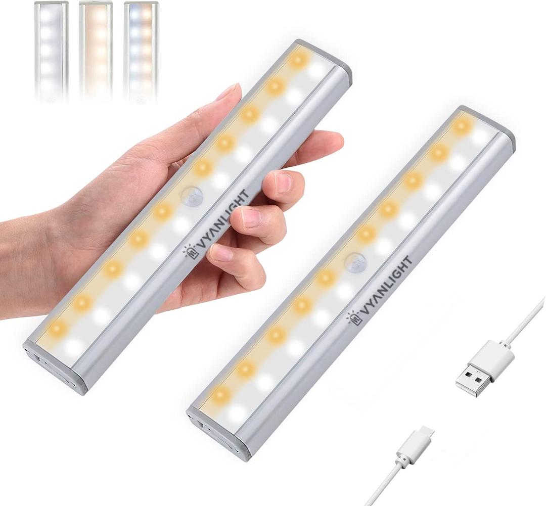 VYANLIGHT Motion Activated LED Lights - 20 LEDs, 3-Color Mode, Rechargeable Battery, Stick-On Magnetic Night Light Bar for Closet, Hallway, Stairway - Dimmable Wireless Lights, 2 Pack