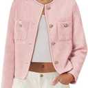 Women's Tweed Jackets Long Sleeve Business Button Down Casual Cropped Blazer with Pockets, Size XL