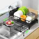 Expandable Dish Drying Rack, Stainless Steel Over Sink Dish Drainer for Kitchen Counter, Rust-Proof Dish Strainer with Utensil Holder, Large Adjustable Dish Racks with Automatic Drainage, Black