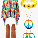 Unittype 60s 70s Outfits for Women Hippie Costume Accessories Set Tie Dye Poncho Costume for Cosplay Party