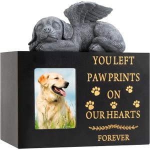 Pet Urns for Dog with Dog Angel, Wooden Pet Memorial Urns with Photo Frame, Pet Cremation Urns Keepsake Memory Box with Black Flannel as Lining, Loss Pet Memorial Remembrance Gift