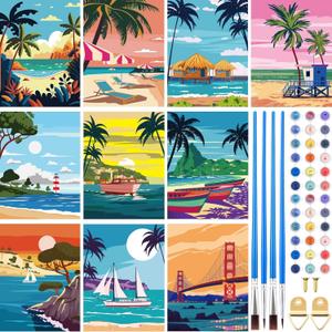 Gueevin 10 Pack Paint by Number DIY for Adults Christmas Paint by Numbers Acrylic Painting Kits Canvas, Without Frame, Simple Oil Painting for Christmas Gift Wall Decor 12 x 16 inch(Beach Style)