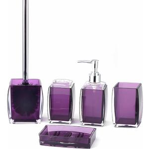 5 Pcs Purple Acrylic Bathroom Accessories Set Complete,Lotion/Soap Dispenser,Soap Dish,Toothbrush Holder, Tumbler,Toilet Brush and Holder,Modern Bathroom Decor and Housewarming Gift Set,Purple