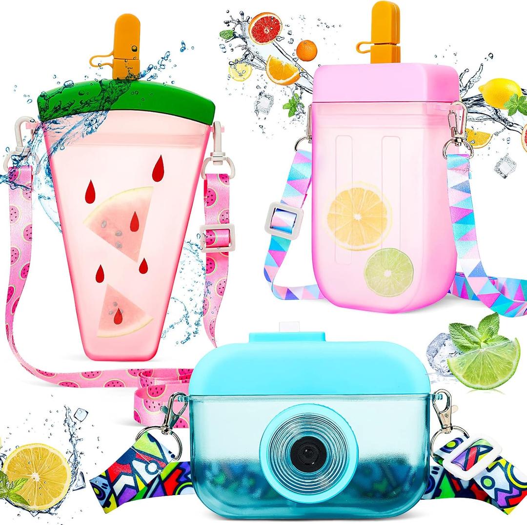 3 Pieces Cute Water Bottles with Straws Creative Kawaii Camera Shaped Ice Cream Bar Watermelon Adjustable Strap Plastic Water Bottle for Travel School Sport Kids (Fresh Style, Red, Pink, Blue)