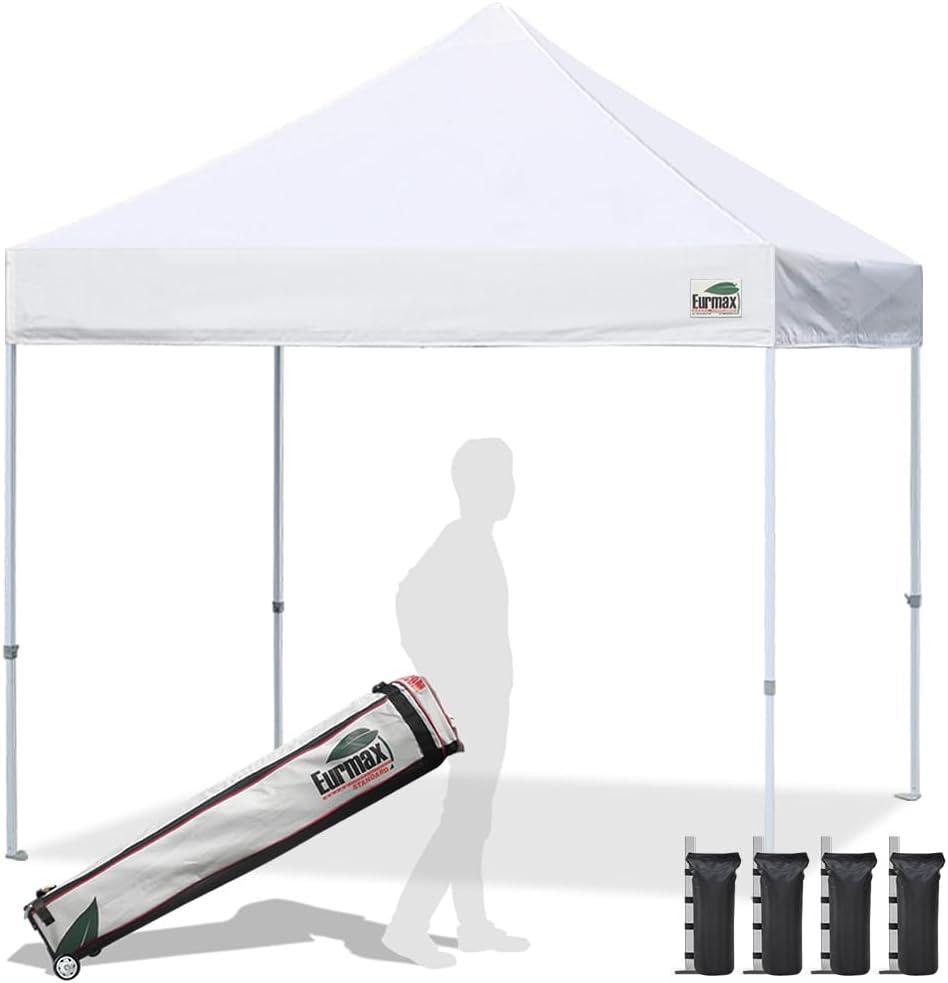 Eurmax USA Standard 10x10ft Patio Pop Up Canopy Tent for Outdoor Events Commercial Instant Canopies with Heavy Duty Roller Bag,Bonus 4 Canopy Sand Bags (White)
