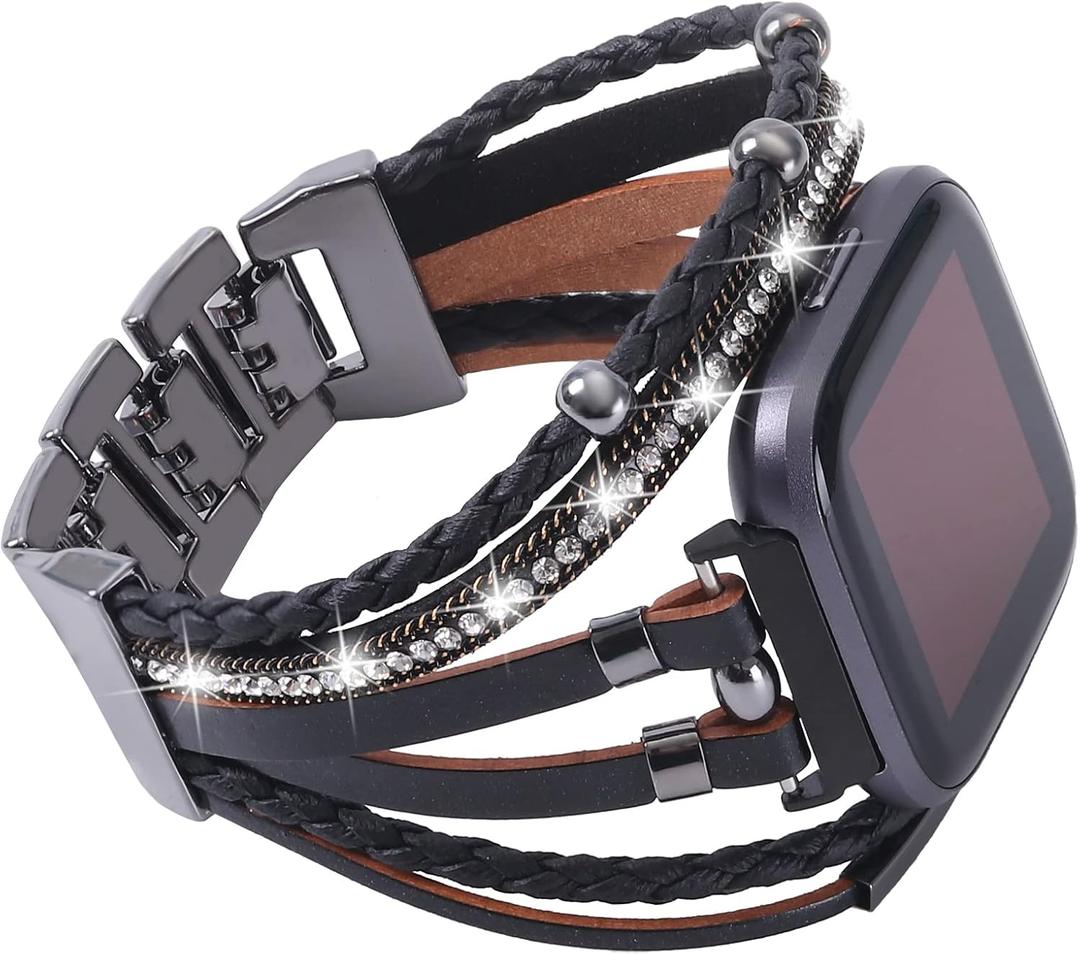 Posh Leather Bands Compatible with Fitbit Versa/Fitbit Versa Lite/Fitbit Versa 2 Bands for Women, Handmade Multilayer Wrap Bracelets Jewelry Strap Wristband for Fitbit Versa Smart Watch