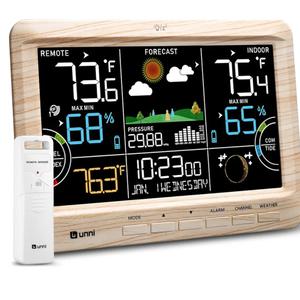 Weather Station Indoor Outdoor Thermometer Wireless, Home Atomic Clock with Large Constant Display, Inside Outside Temperature Humidity Monitor, Dew Heat Point, Barometer Wood