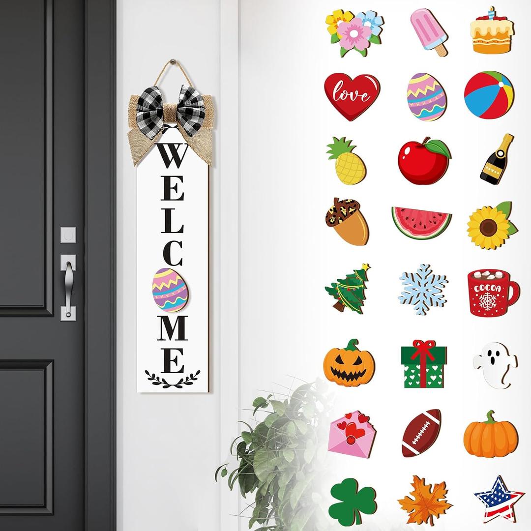 Sintuff Holiday Interchangeable Welcome Sign for Front Door Wood Porch Sign with 24 Pcs Seasonal Icons Home Farmhouse Holiday Welcome Outdoor Festival Seasonal Decoration(White,Cute)