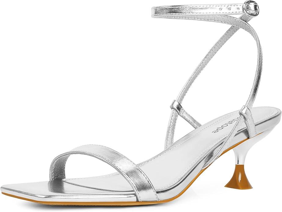 Midatope Women's Low Kitten Heels Strappy Open Square Toe Ankle Strap Sexy Fashion Comfort Dress Shoes Party Heeled Sandals 7.5 Silver