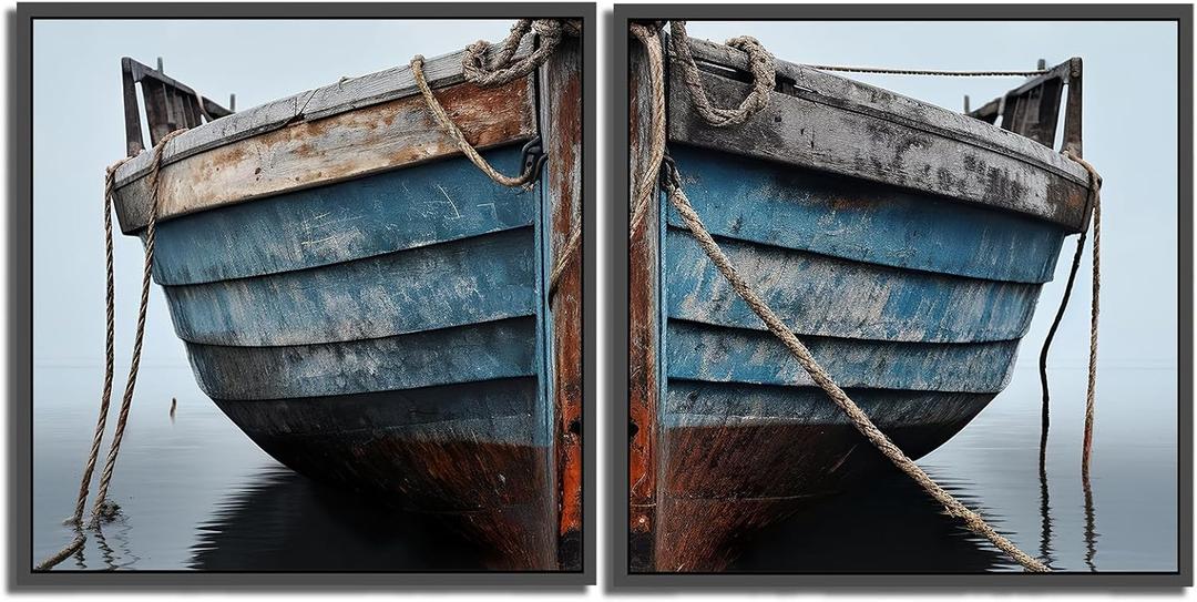 Nautical Boat Wall Art Decor, Rustic Boat Wall Art Abstract Ocean Artwork Coastal Picture, Contemporary Rustic Coastal Pictures Artwork for Farmhouse Living Room Bedroom Bathroom Decor Unframed (32"L x 16"W)