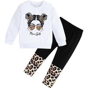 2 x Toddler Girl Clothes Figure Graphic Drop Shoulder Top Pullover Leopard Print Pants Fall Winter Outfit Set (6-7 Years)