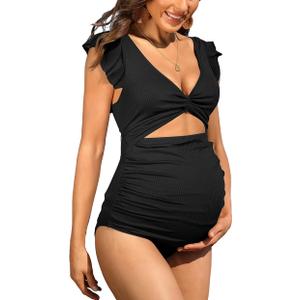 Charmo Ruffle Ribbed Maternity Swimsuit One Piece High Waisted Pregnancy Bathing Suits Push Up Swimwear, M