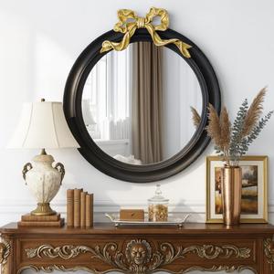 iyabat 25x25 inch Bow Antique Round Mirror for Wall, Gold & Black Decorative Wall-Mounted Circle Mirror, Perfect for Bedroom, Hallway, Living Room Dcor, and Bathroom Vanity