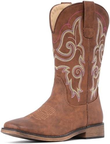 IUV Cowboy Boots For Women Square Toe Wide Western Boots Mid Calf Cowgirl Boots Pull On Fashion Embroidered Cowboy Boots 8.5