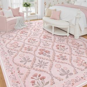 Pink Rug for Living Room 8x10, Soft Large Washable Area Rugs for Bedroom Girls, Boho Cute Floral Indoor Decor Non Slip Low Pile Carpet for Nursery Girls Room Kids Playroom, Pink Multi
