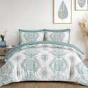 WONGS BEDDING Aqua Comforter Set King Size, Damask Texture 7 Pieces Bed in a Bag Microfiber Bohemian Comforter Bedding Sheet Set with Comforter, Flat Sheet, Fitted Sheet, Pillow Shams, Pillowcases