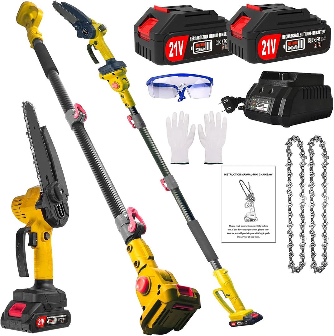2-in-1 Electric Pole Saws for Tree Trimming, 6 Inch Cordless Pole Saw Battery Powered & Mini Chainsaw with 2 21V Batteries & Charger & Extension Pole, 14.2 Ft Max Reach Pole Saw for Branch Pruning