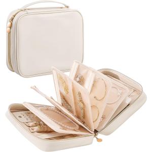 Lolalet Travel Jewelry Organizer Case, Large Jewelry Binder Storage Book with Zippered Pouches, Portable Leather Bag for Earrings, Rings & Necklaces, Valentine's Chioice for Girls, Women, Beige