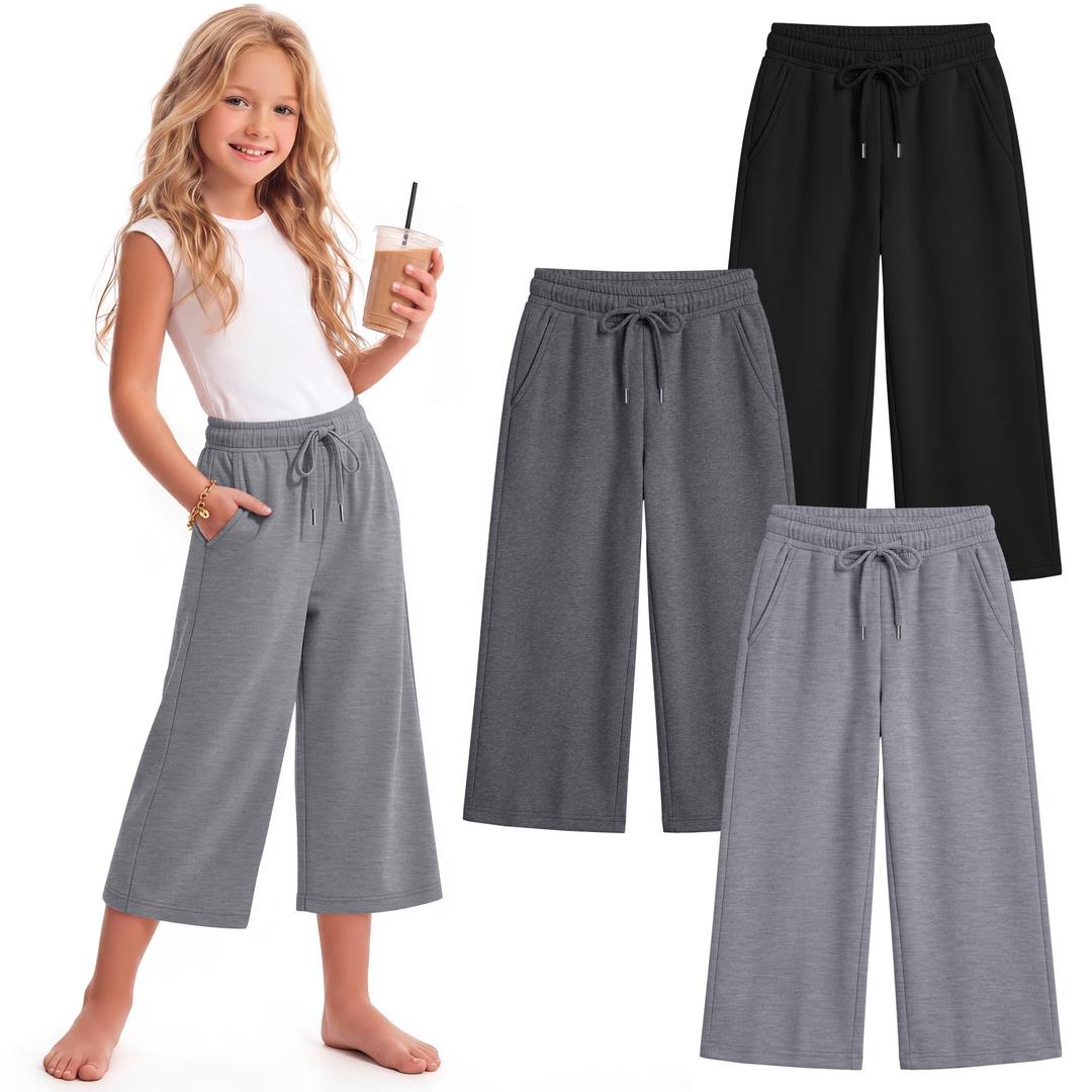 LessonZoo 3 Pack Girls Capri Pants Kids Wide Leg Sweatpants Casual Elastic Waist Drawstring Summer with Pockets 5-16Y(5-6 Years,Light Mottled Gray, Dark Mottled Gray, Black)