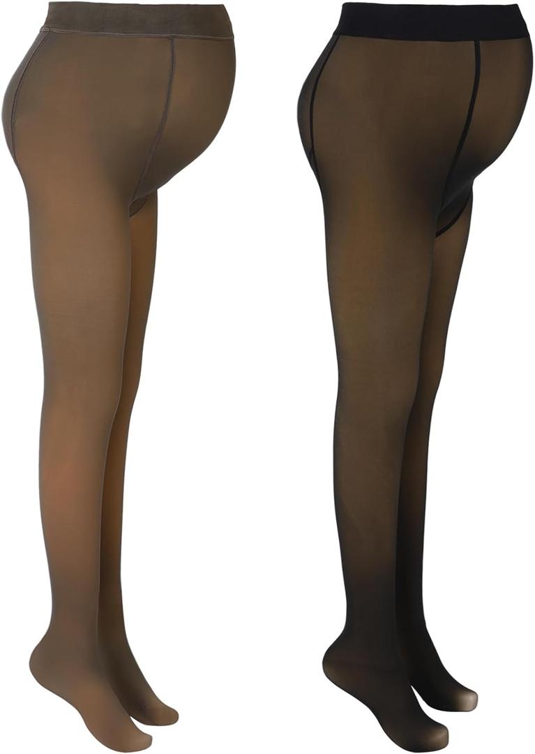 Bonuci 2 Pcs Women Maternity Pantyhose Winter Fleece Lined Tights High Waist Maternity Stretchy Pregnancy Warm Tights (Translucent Black and Gray Footed)