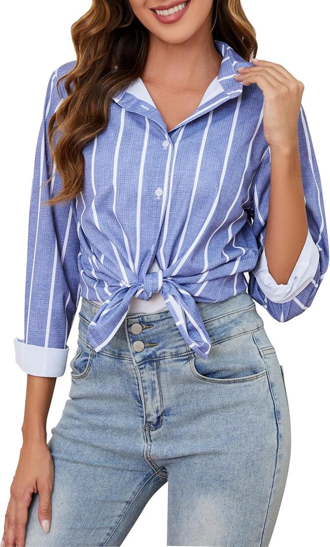 Wrinkle Free Womens Striped Button Down Shirts for Women Long Sleeve Stretch Business Office Formal Work Blouses Tops (L)