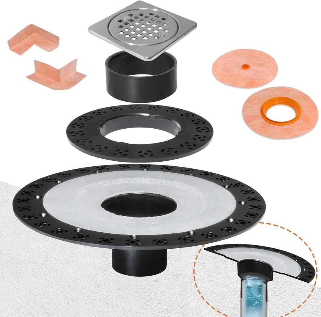 2 Inch Integrated Shower Flange Kit Compatible with Schluter Systems Kerdi Drain, ABS Base Flange with 304 Stainless Steel 4'' Grate and Waterproof Seals