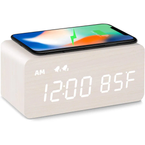 MOSITO Digital Wooden Alarm Clock with Wireless Charging, 0-100% Dimmer, Dual Alarm, Weekday/Weekend Mode, Snooze, Wood LED Clocks for Bedroom, Bedside, Desk, Kids (White)