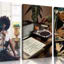 Framed Black Girl Canvas Wall Art 3Pcs black Girl Record Music Wall Decor Pictures Funky Black Girl Posters prints for Modern Black Woman Bedroom Home Decoration 12x16in (Canvns)