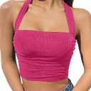 OYOANGLE Women's Glitter Sparkly Sleeveless Tie Backless Ruched Crop Halter Tops Party Clubwear (Medium, Hot Pink)