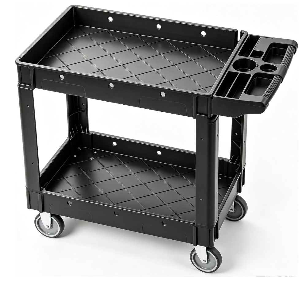 VEVOR Utility Service Cart, 2 Shelf 550LBS Heavy Duty Plastic Rolling Utility Cart, Medium Lipped Shelf, 360° Swivel Wheels, Ergonomic Storage Handle for Warehouse Garage, Black